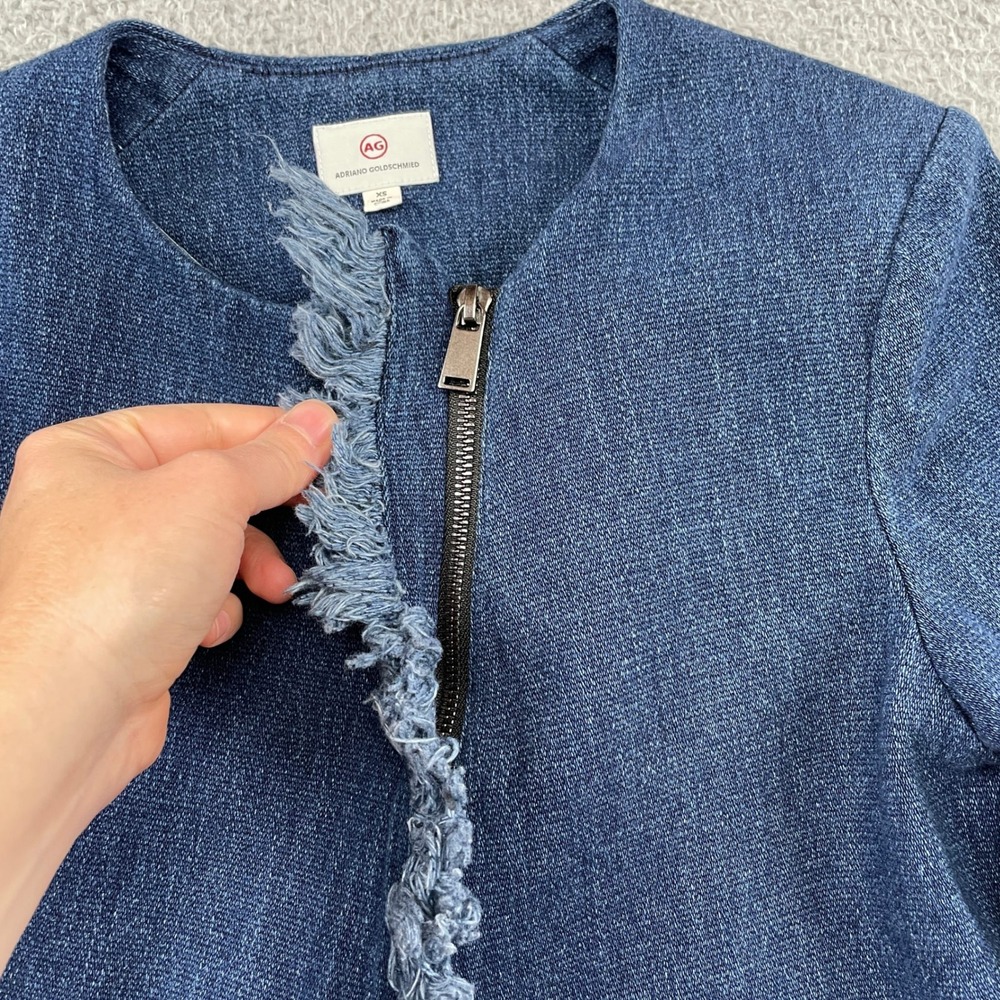 AG Adriano Goldschmied Jacket Womens XS Blue Denim Asymmetric Fringe Zip 13646 - Picture 5 of 11